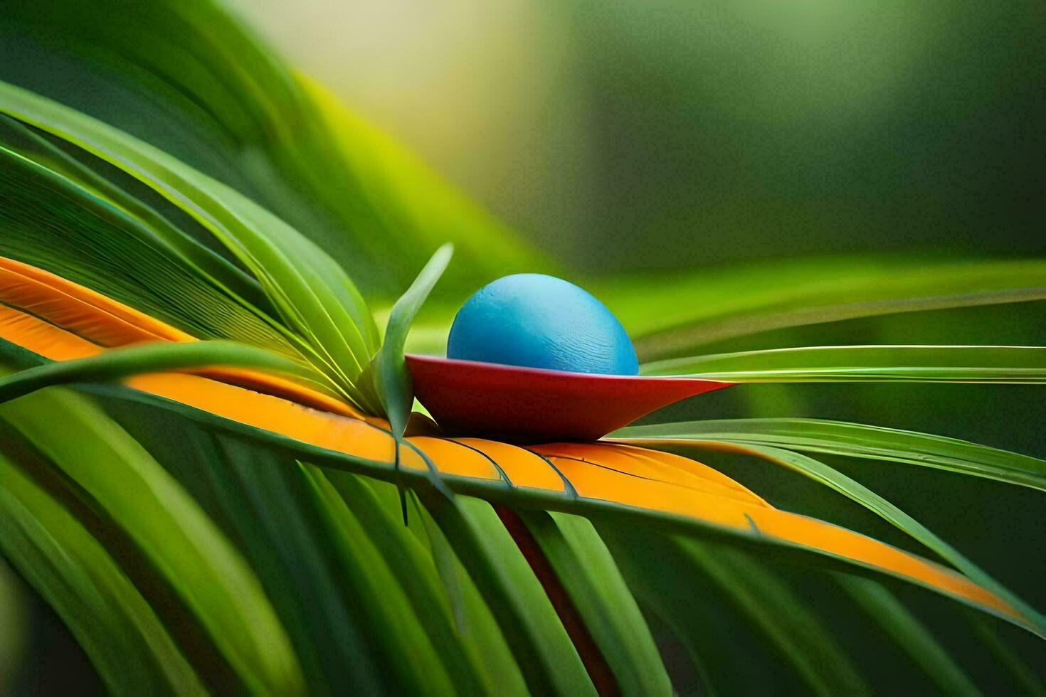 a blue egg sitting on top of a leaf. AI-Generated photo