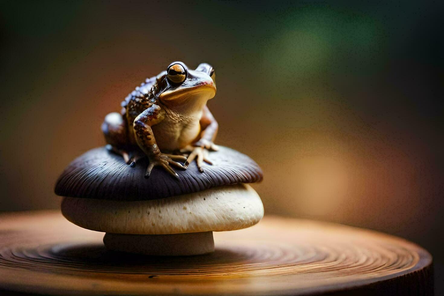a frog sits on top of a mushroom. AI-Generated photo