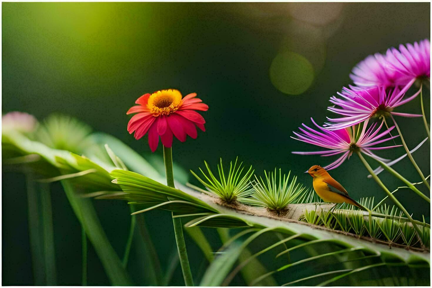 a bird is perched on a plant with flowers. AI-Generated photo