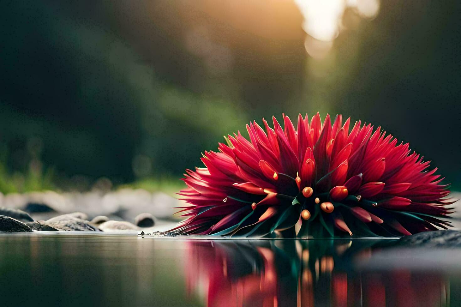 a red flower sits on the water in front of rocks. AI-Generated photo