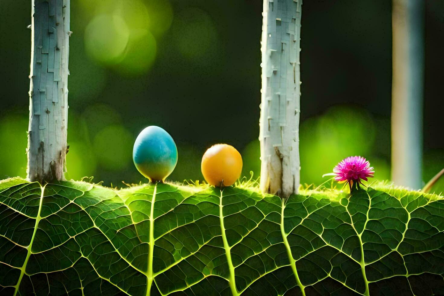 three colorful eggs sit on top of a green leaf. AI-Generated photo