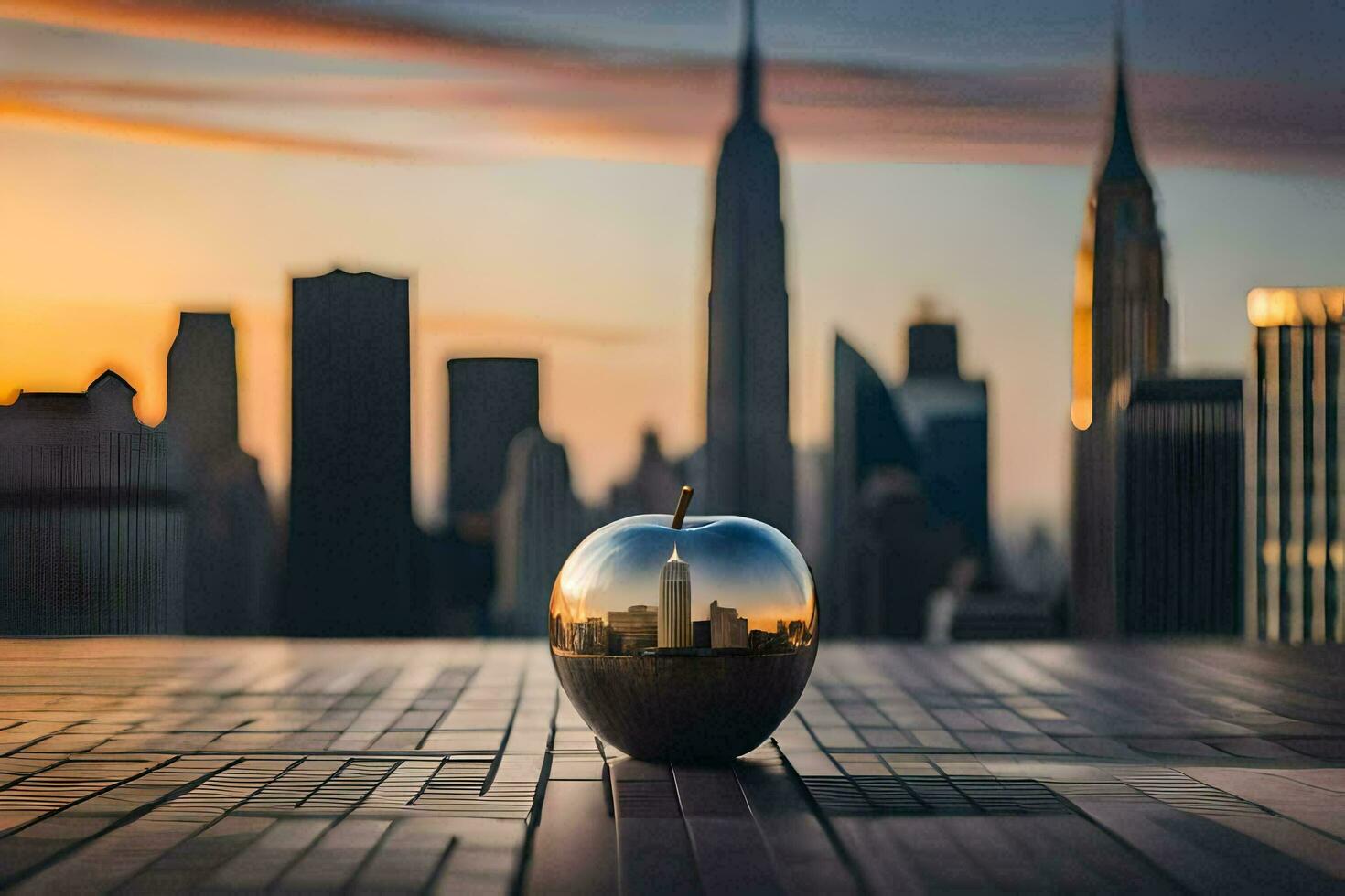 an apple sitting on a table in front of a city skyline. AI-Generated photo
