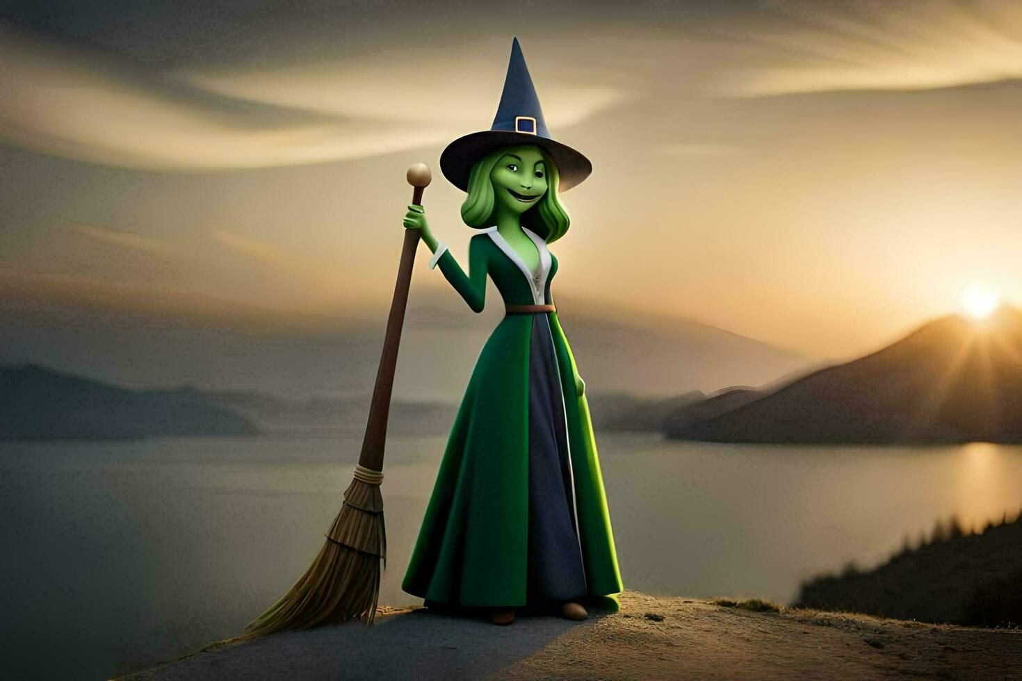 a cartoon witch standing on top of a mountain with a broom. AI-Generated photo