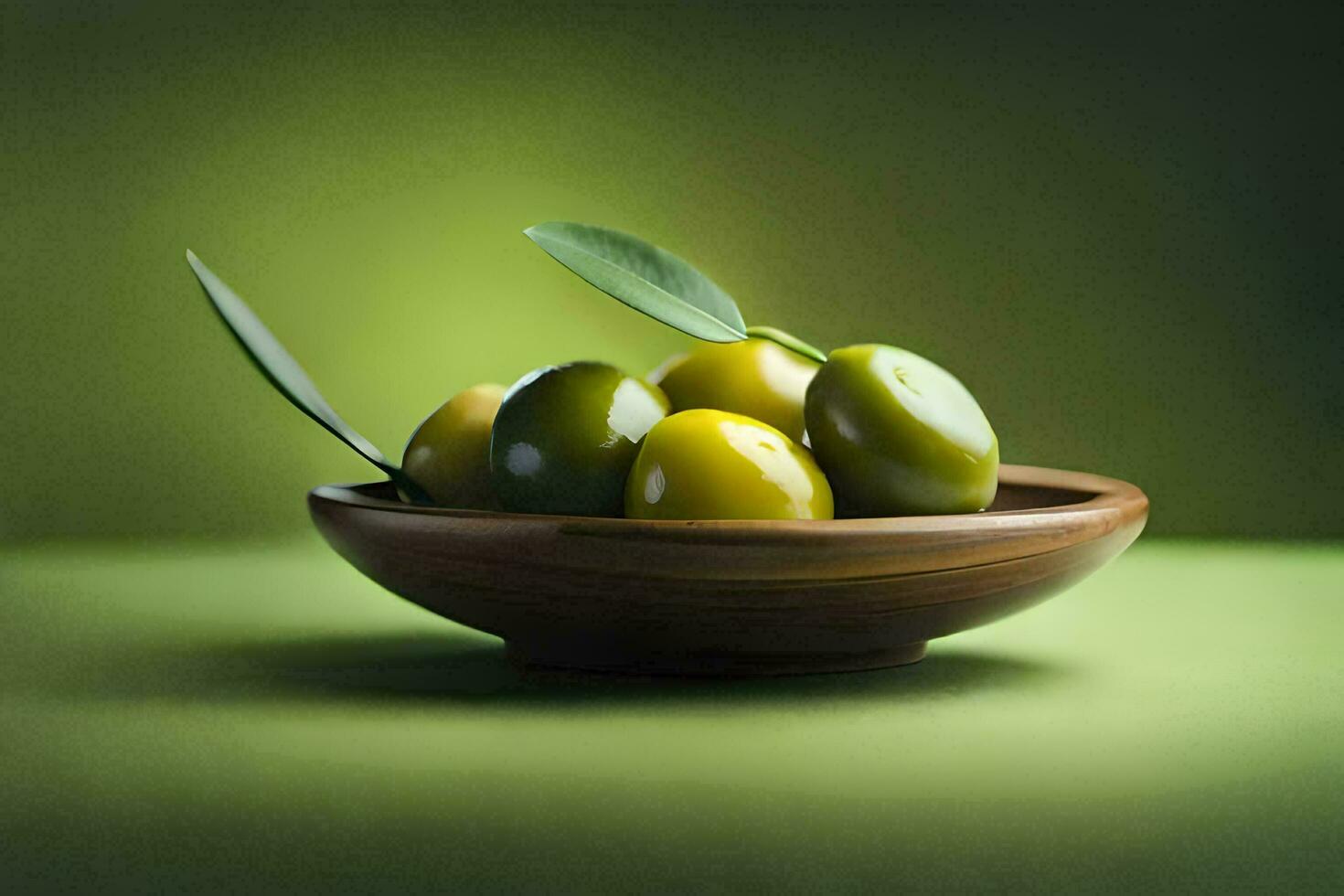 olives in a wooden bowl on a green background. AI-Generated photo