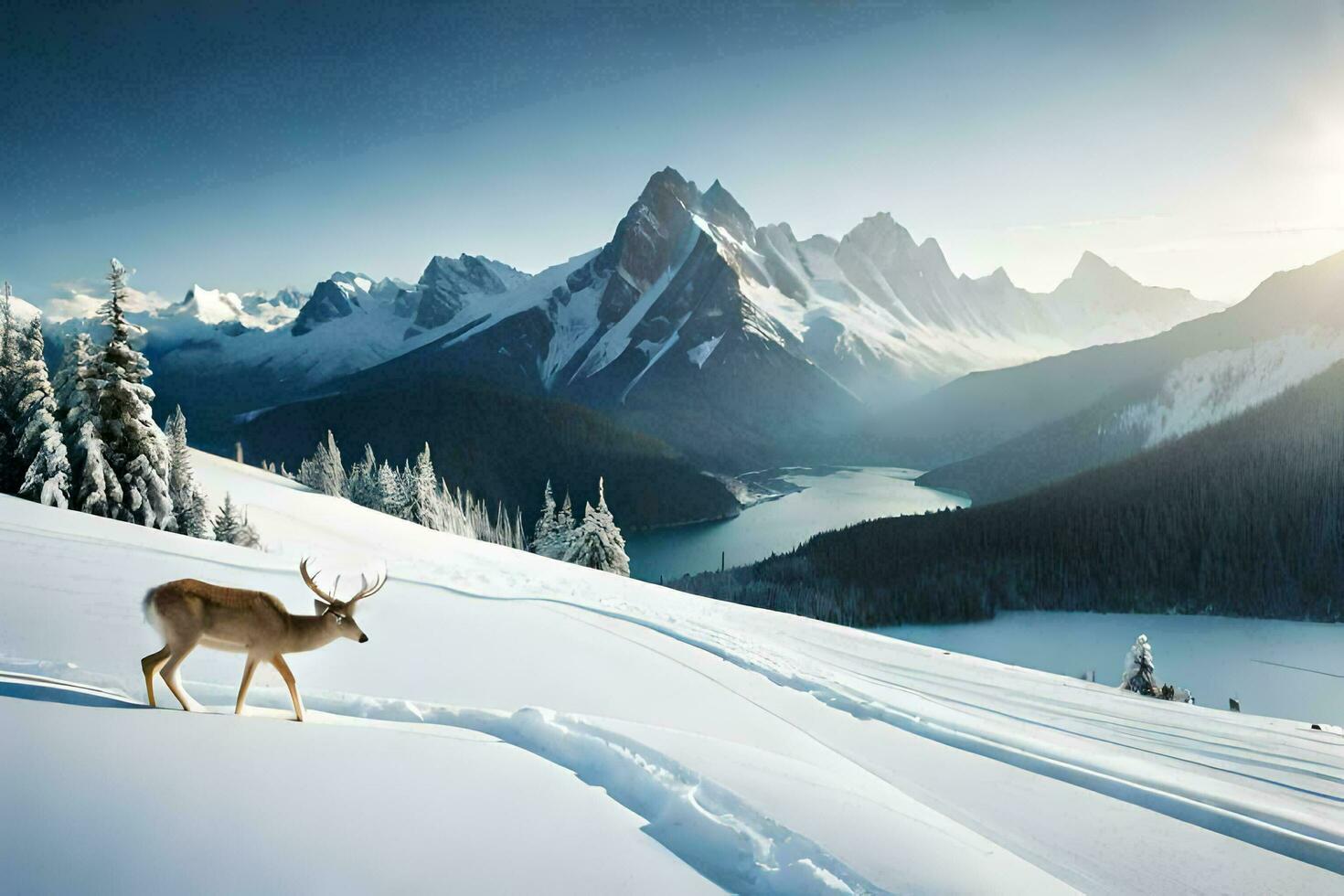 a deer stands in the snow in front of a mountain. AI-Generated photo