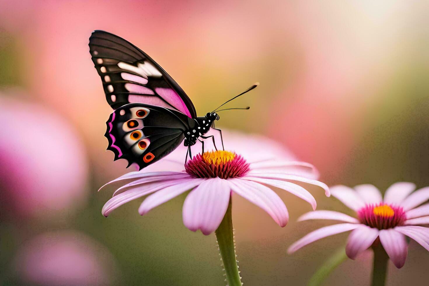 un mariposa es sentado en un rosado flor. generado por ai foto