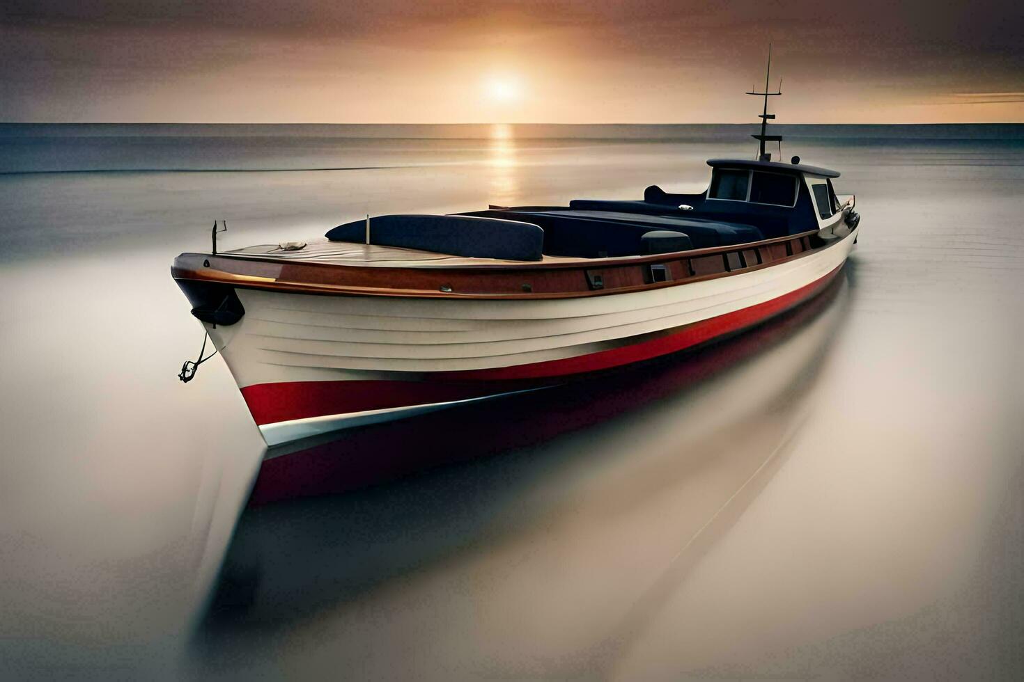 un barco es navegación en el Oceano a puesta de sol. generado por ai foto