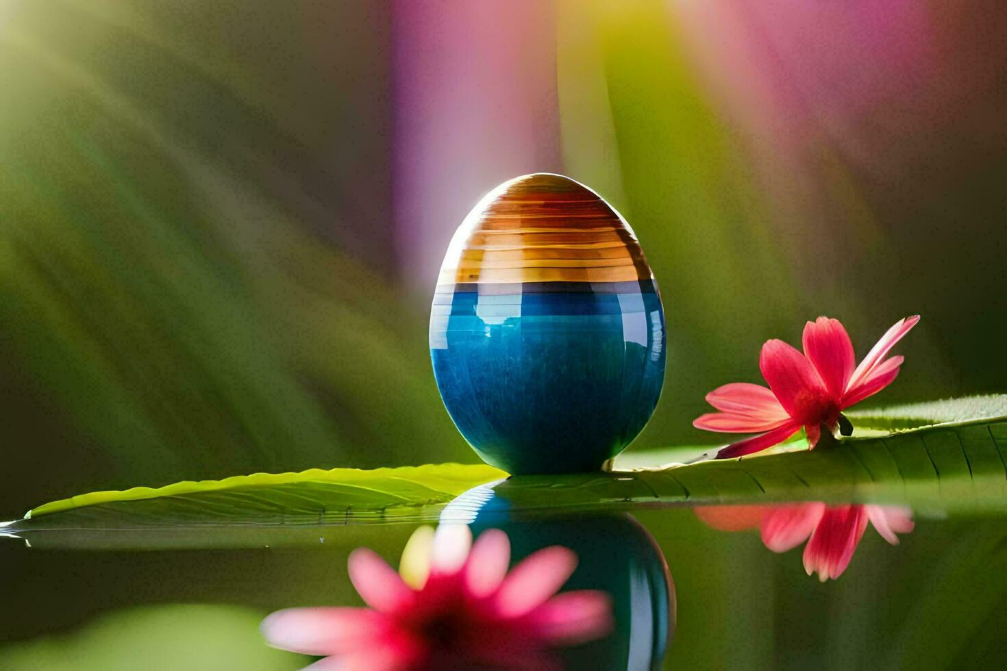 a colorful egg sits on a leaf with flowers. AI-Generated photo