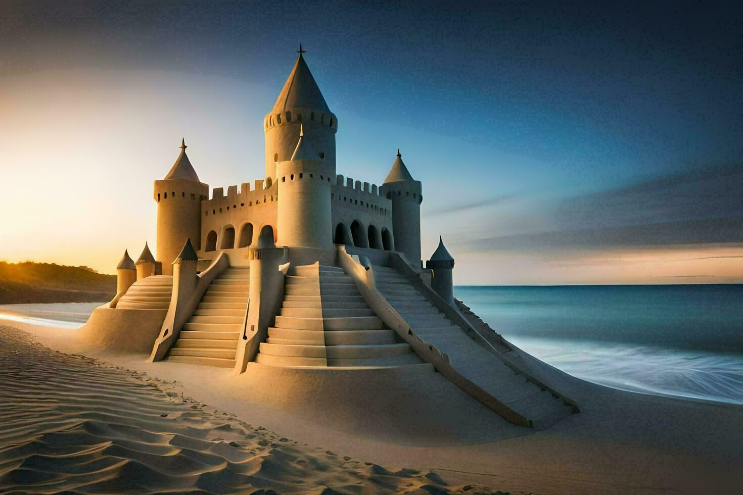 a sand castle on the beach at sunset. AI-Generated photo