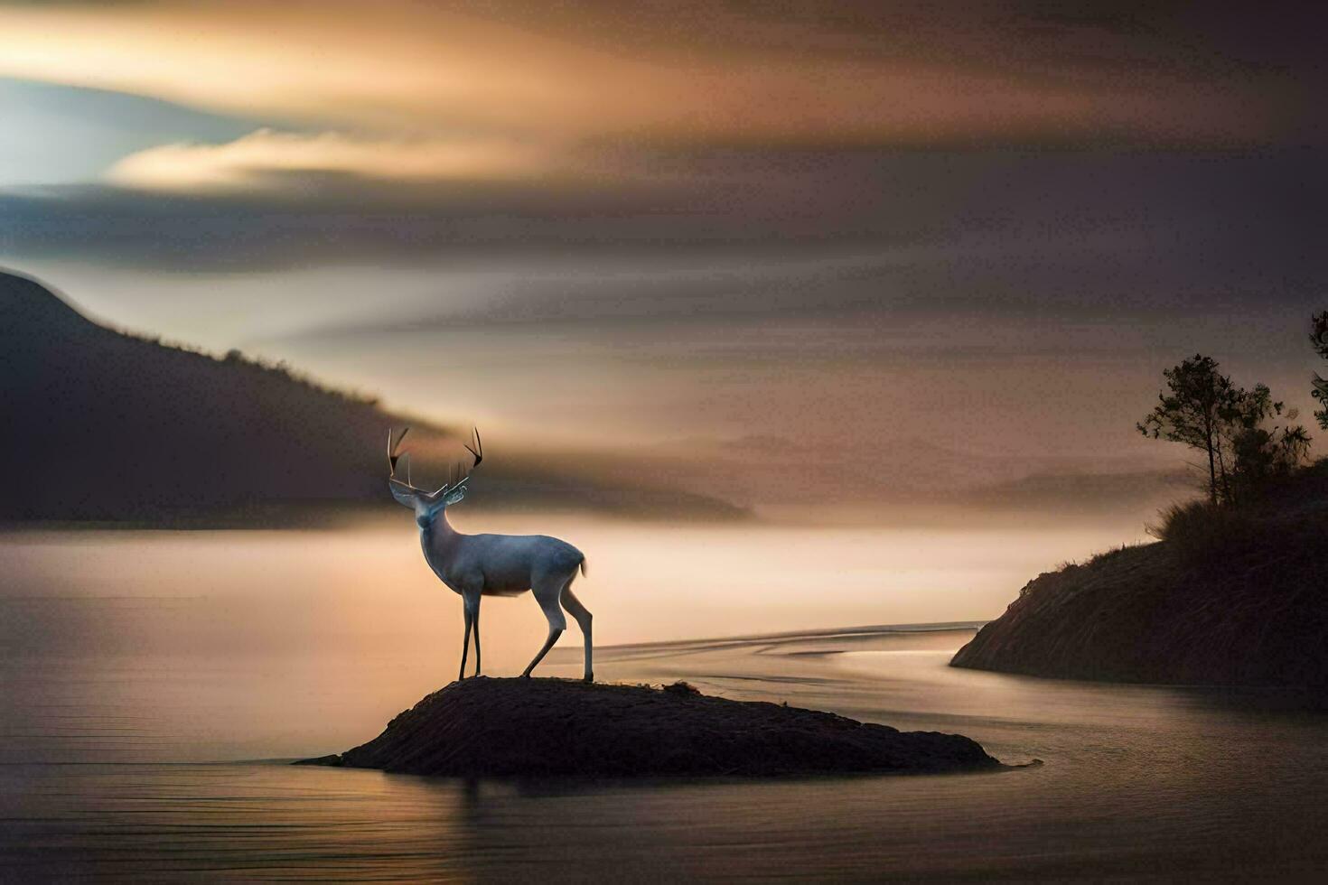 a deer stands on a rock in the middle of a lake. AI-Generated photo
