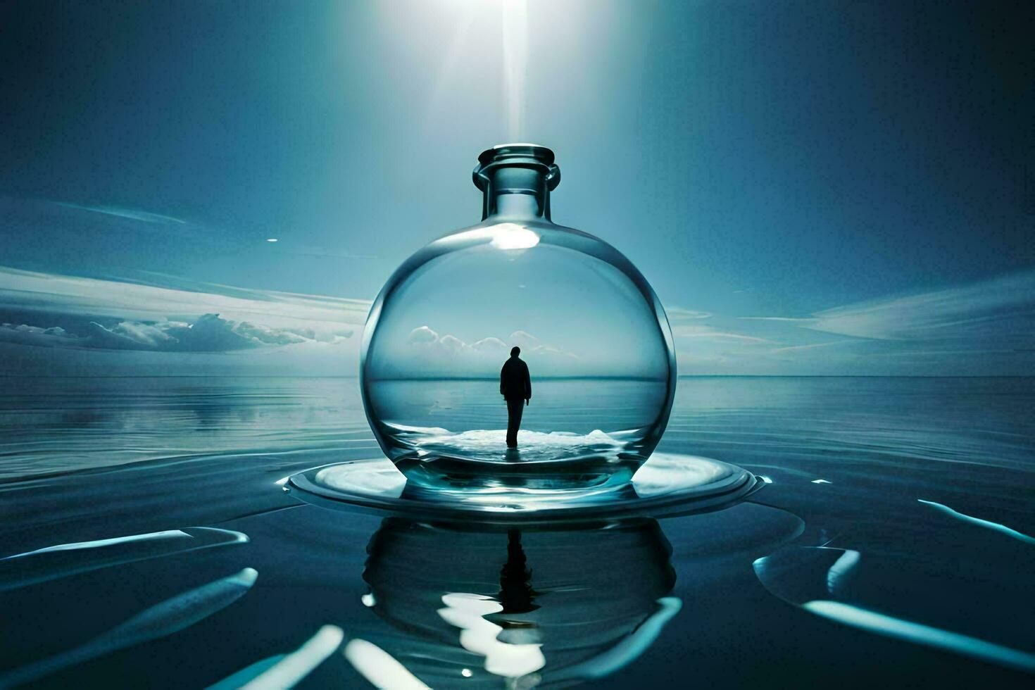 a person standing in a bottle of water. AI-Generated photo