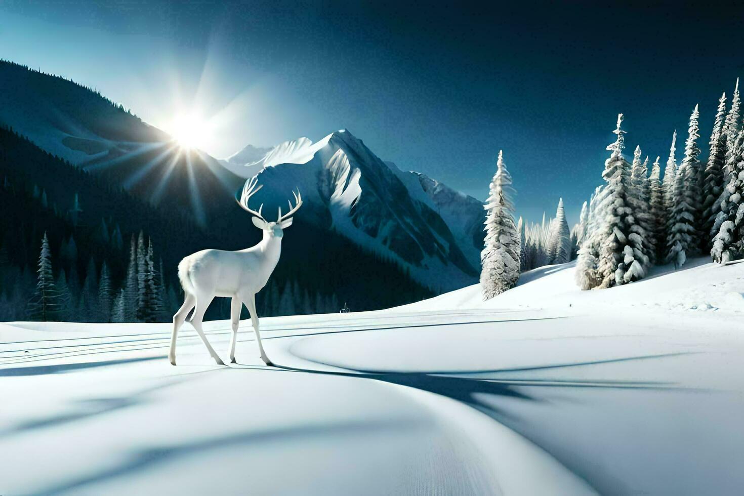 a white deer stands in the snow in front of a mountain. AI-Generated photo
