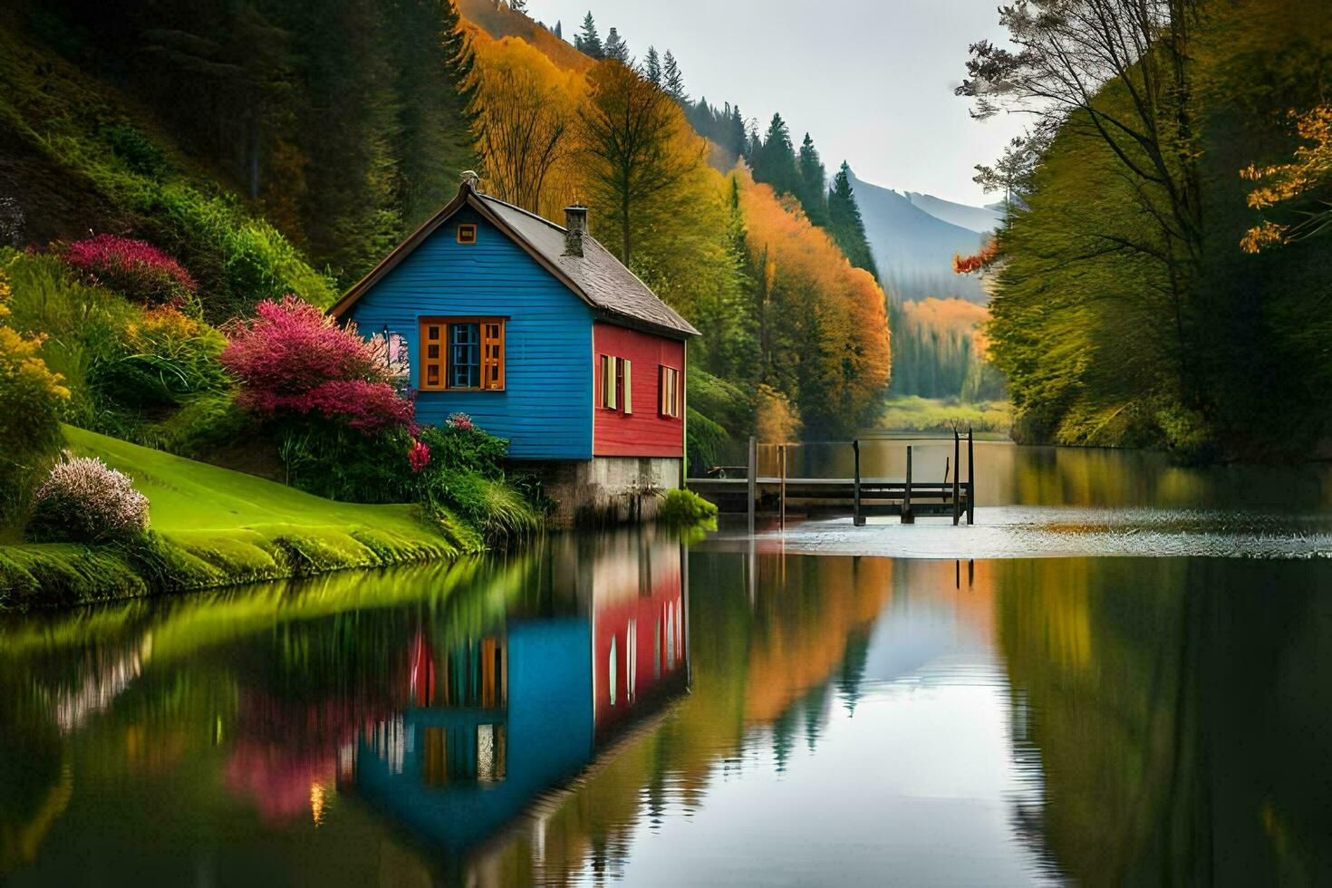colorful house on the water in the middle of a lake. AI-Generated photo