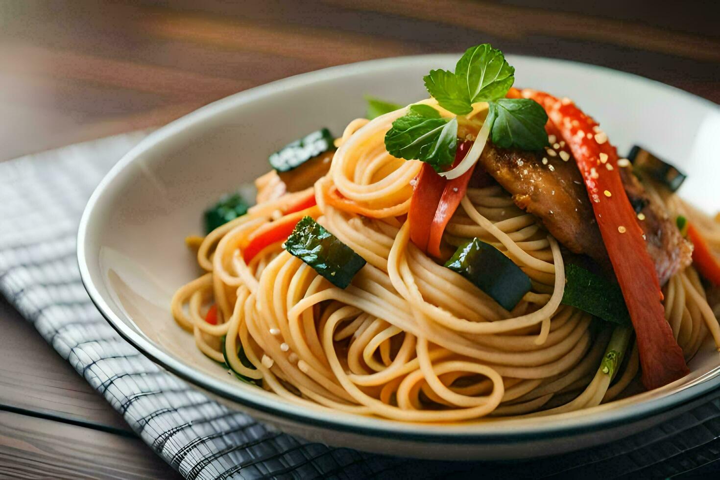 a bowl of noodles with vegetables and sauce. AI-Generated photo