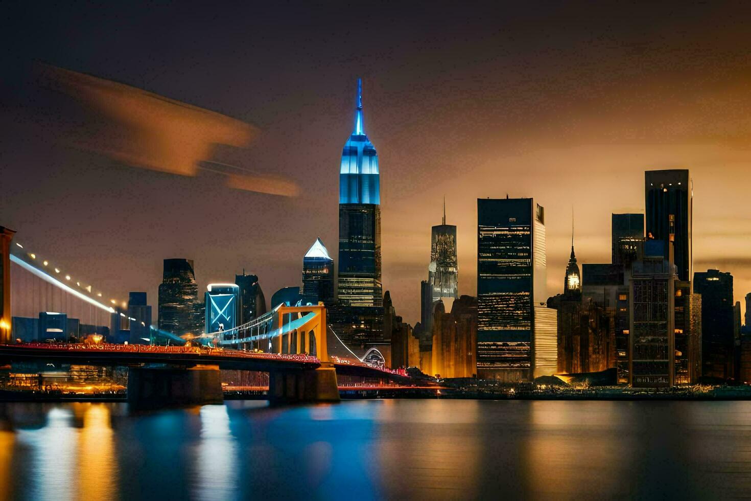 the city skyline at night with the manhattan bridge in the foreground. AI-Generated photo