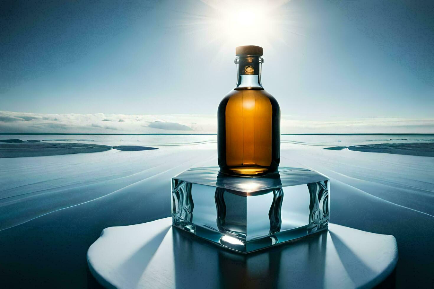 a bottle of whiskey on ice in front of the ocean. AI-Generated photo
