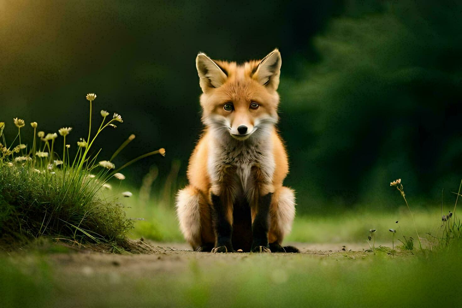 a fox sits on the ground in a field. AI-Generated photo