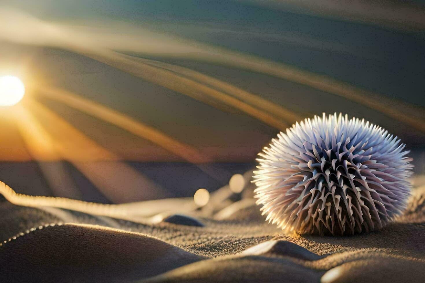 a ball of sand in the desert with the sun setting behind it. AI-Generated photo