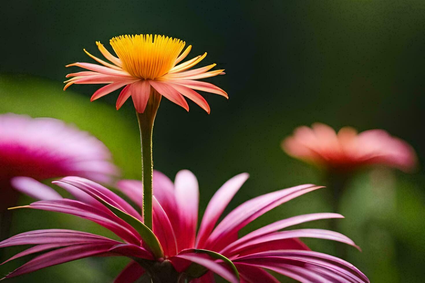 a pink flower with yellow center in the middle. AI-Generated photo