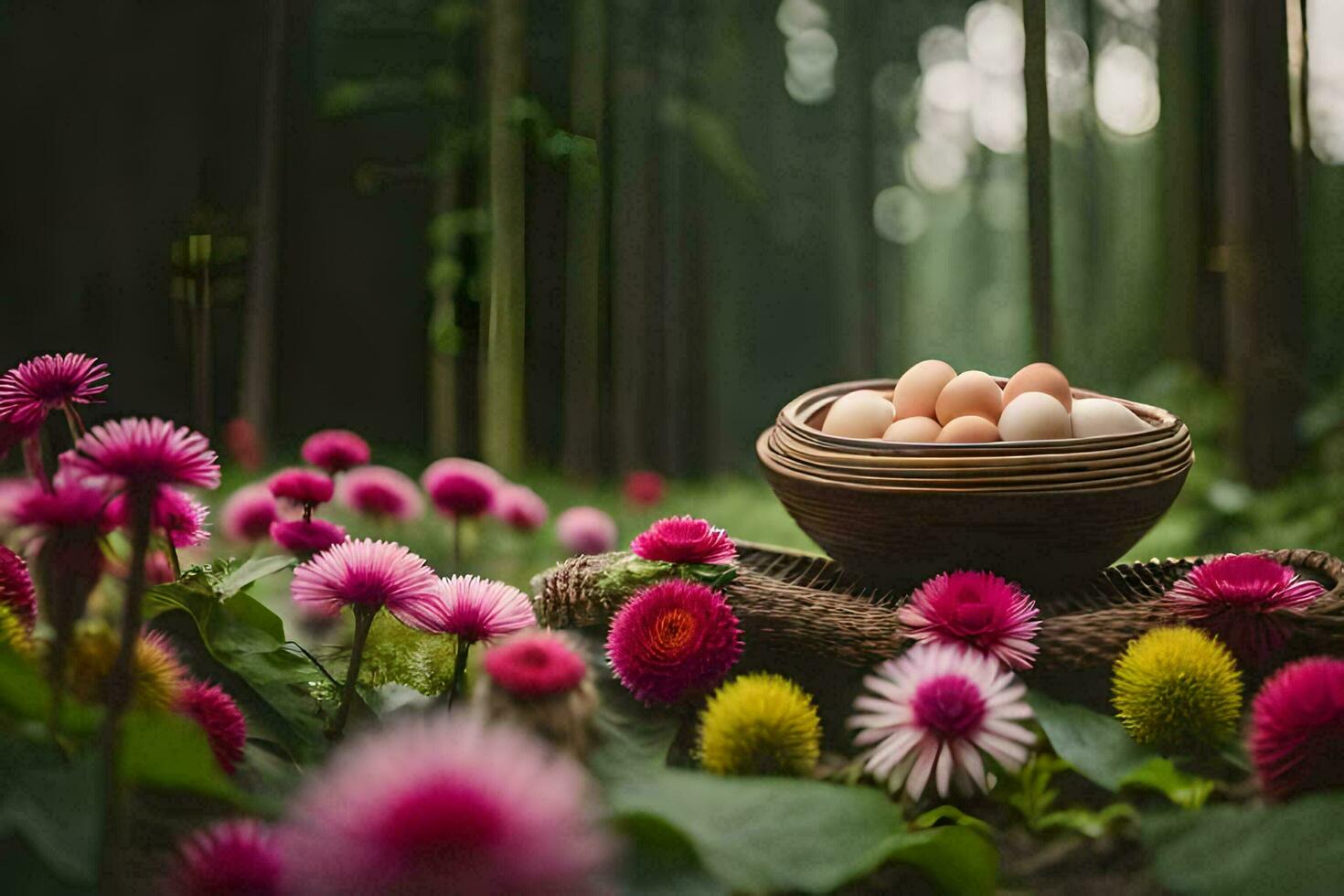 a basket full of eggs in a forest. AI-Generated photo