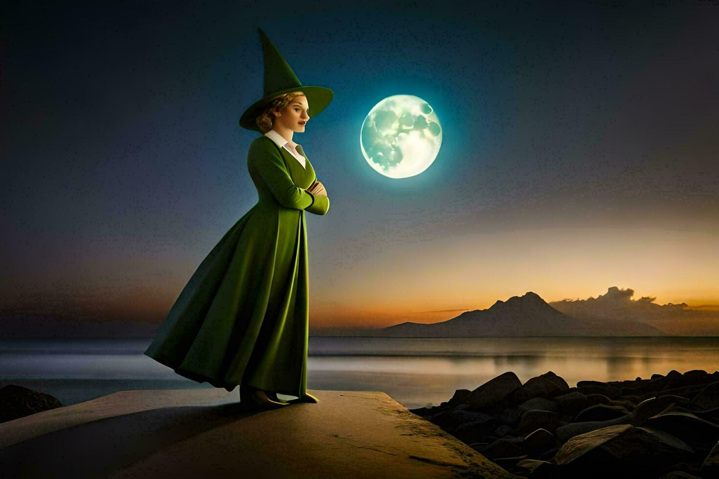 a woman in a green dress stands on a rock with a full moon in the background. AI-Generated photo