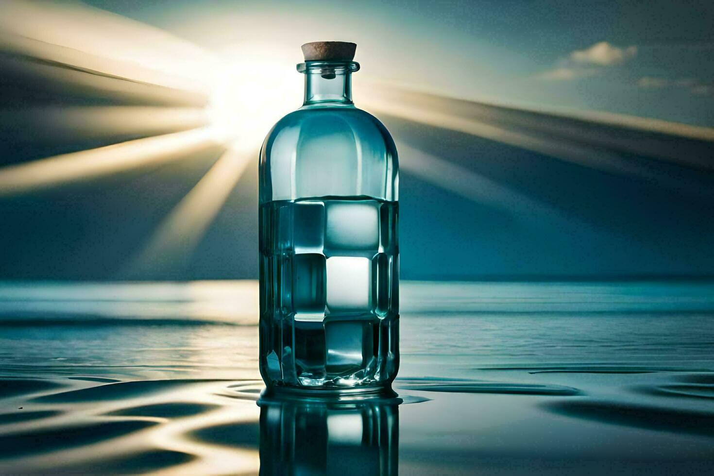 a bottle of water sitting on the beach with the sun shining. AI-Generated photo