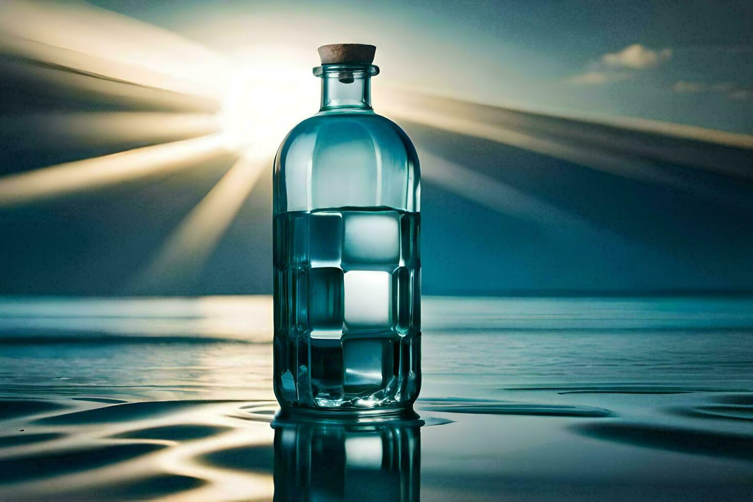 un botella de agua sentado en el playa con el Dom brillante. generado por ai foto