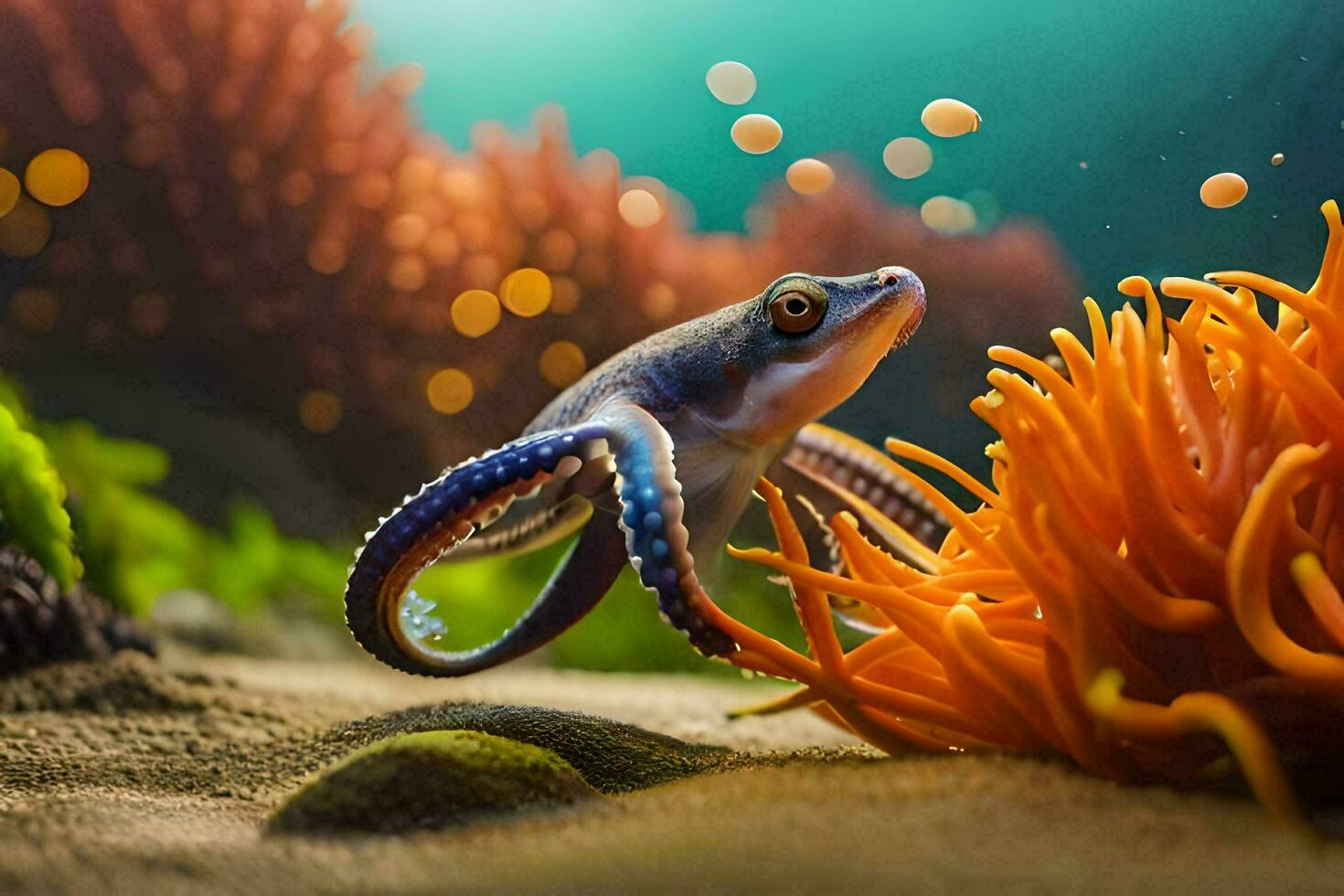 an octopus is swimming near an orange sea anemone. AI-Generated photo