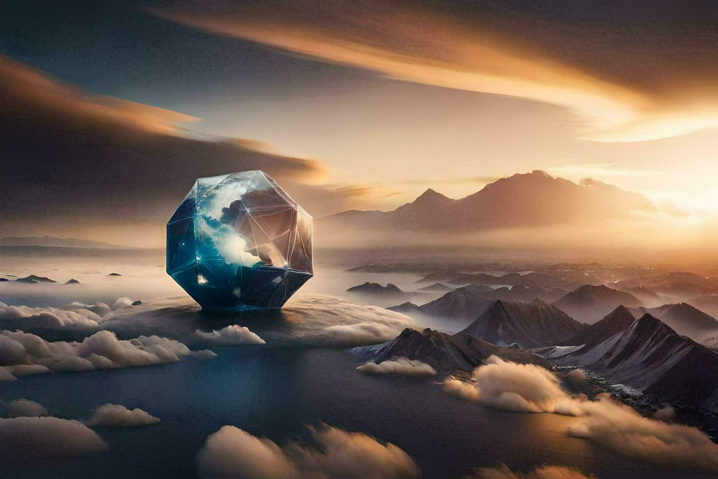 a diamond floating in the sky above clouds. AI-Generated photo