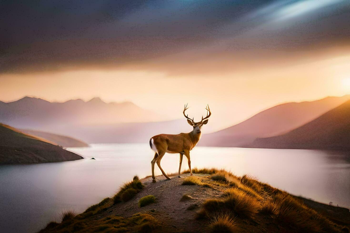 a deer stands on the edge of a cliff overlooking a lake at sunset. AI-Generated photo