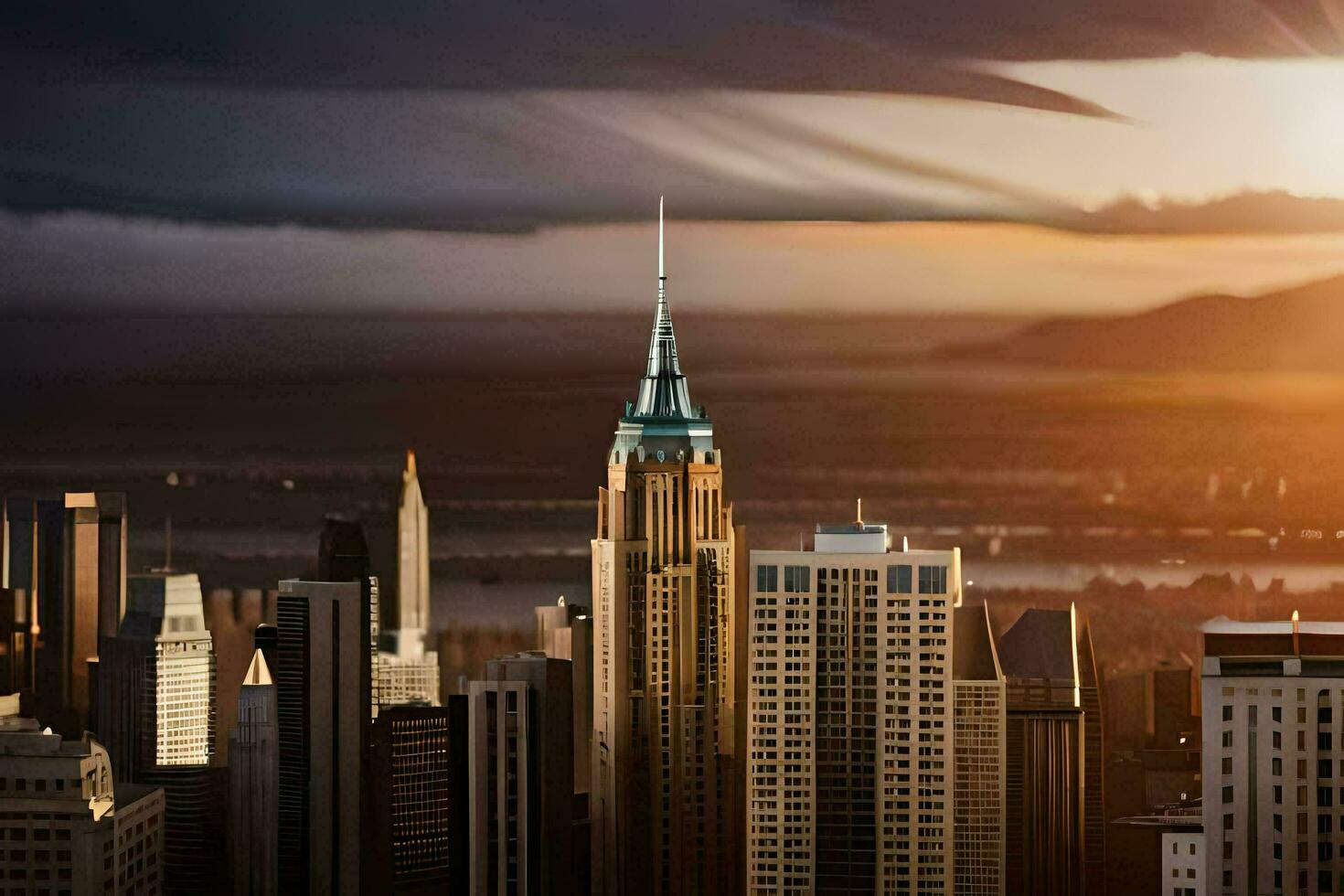 the sun is setting over a city skyline. AI-Generated photo
