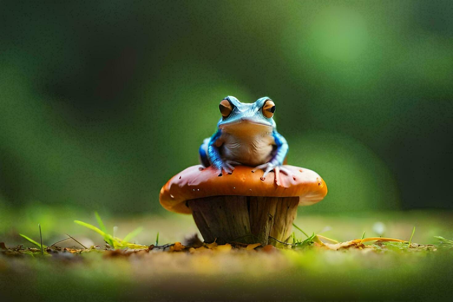 a blue frog sitting on top of a mushroom. AI-Generated photo