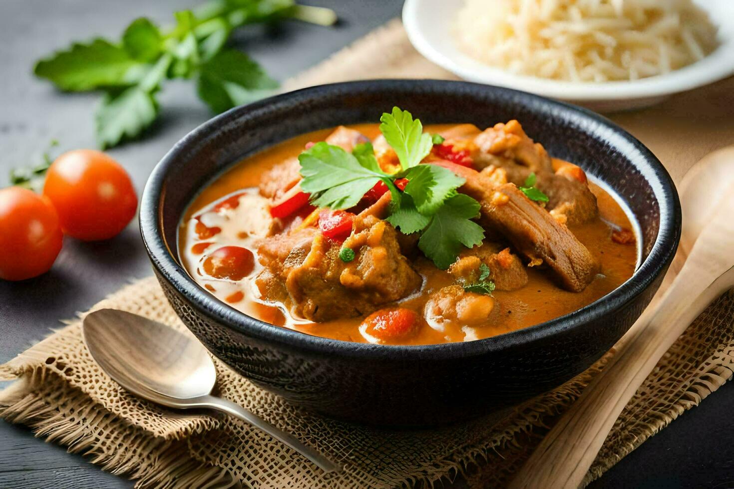 chicken curry in a bowl with rice and vegetables. AI-Generated photo