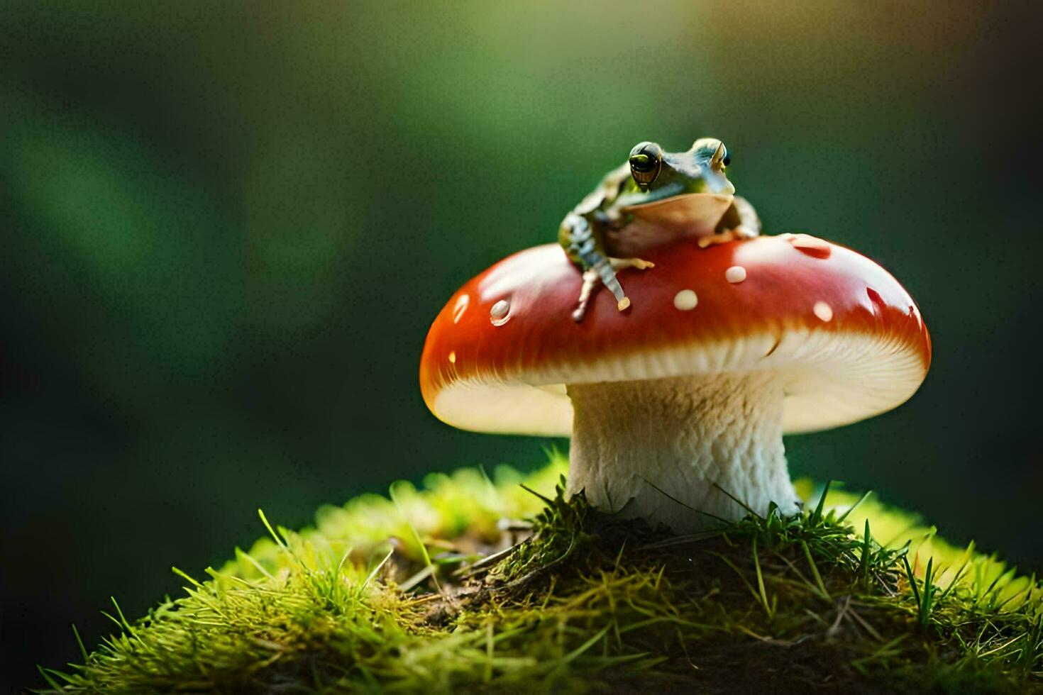 a frog sits on top of a red mushroom. AI-Generated photo
