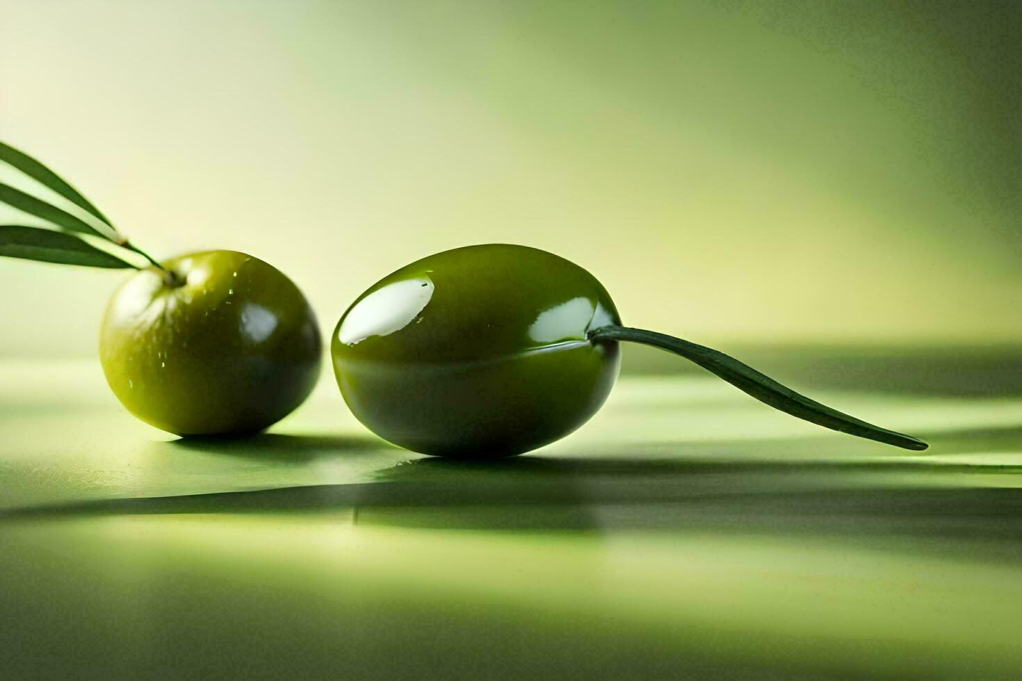 two green olives on a table with leaves. AI-Generated photo