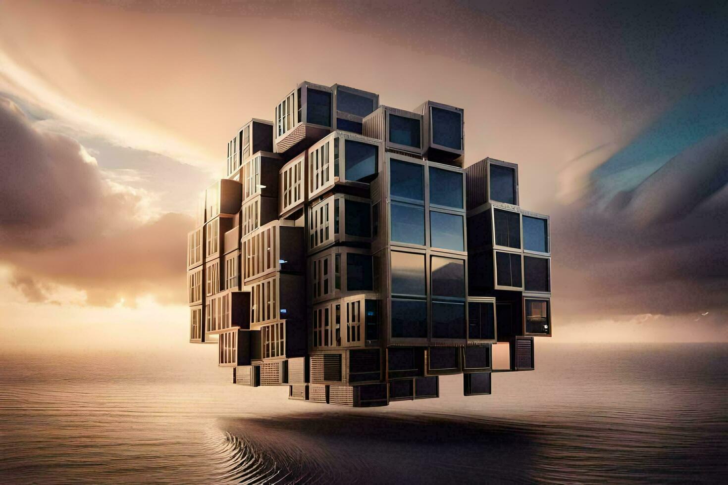 a floating cube shaped building in the ocean. AI-Generated photo