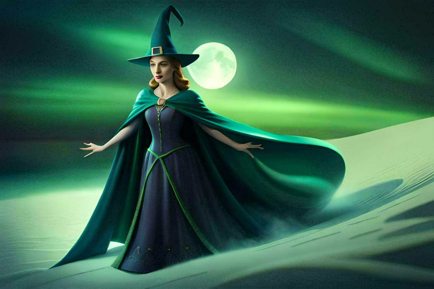 a woman in a green witch costume standing in the desert. AI-Generated photo