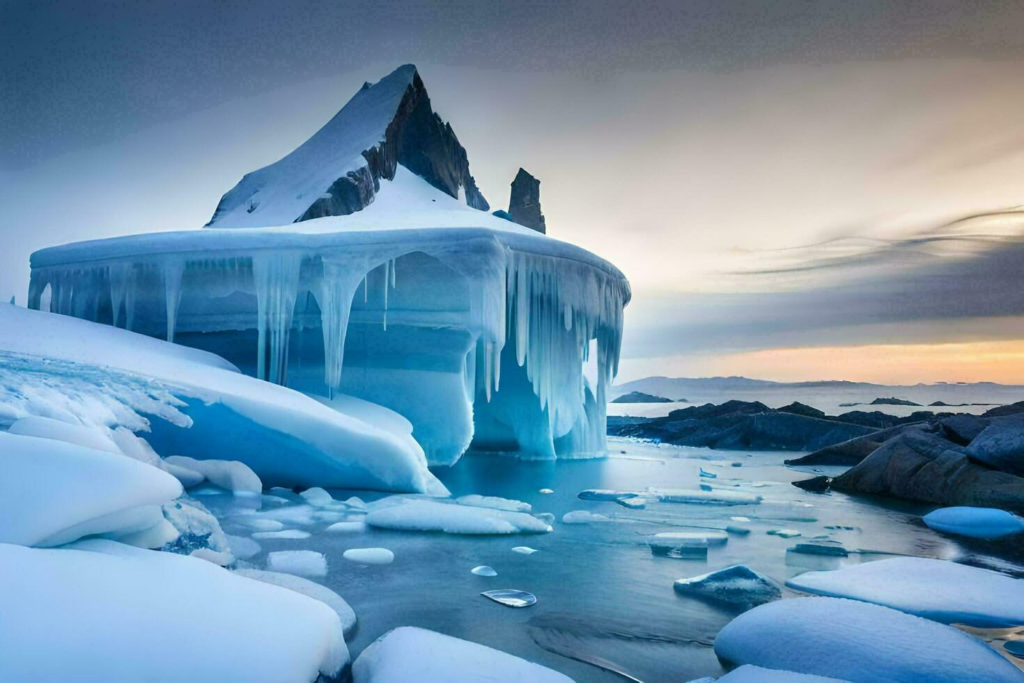 a frozen iceberg in the water with a large rock. AI-Generated photo