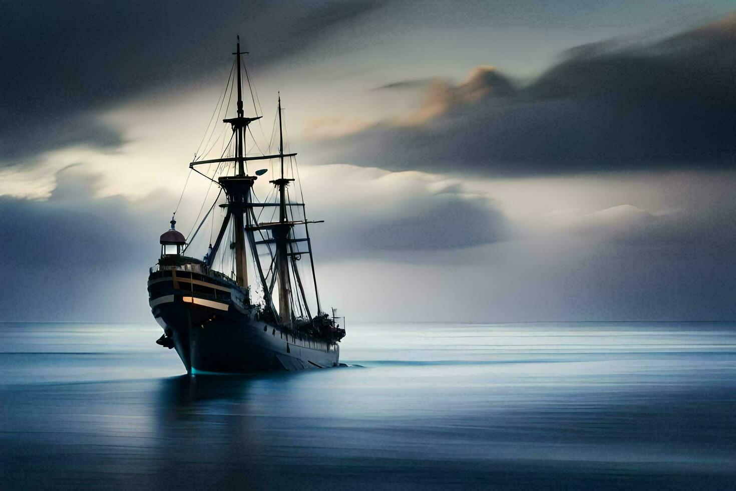 a sailing ship in the ocean under a cloudy sky. AI-Generated photo