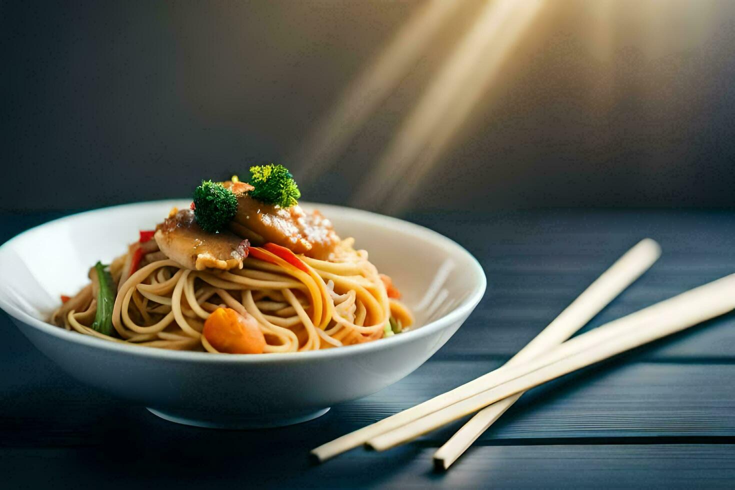 chinese food in a bowl with chopsticks. AI-Generated photo