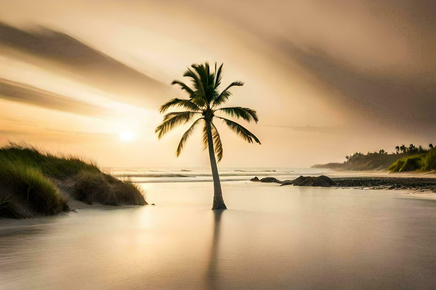 a lone palm tree stands in the middle of a beach at sunset. AI-Generated photo