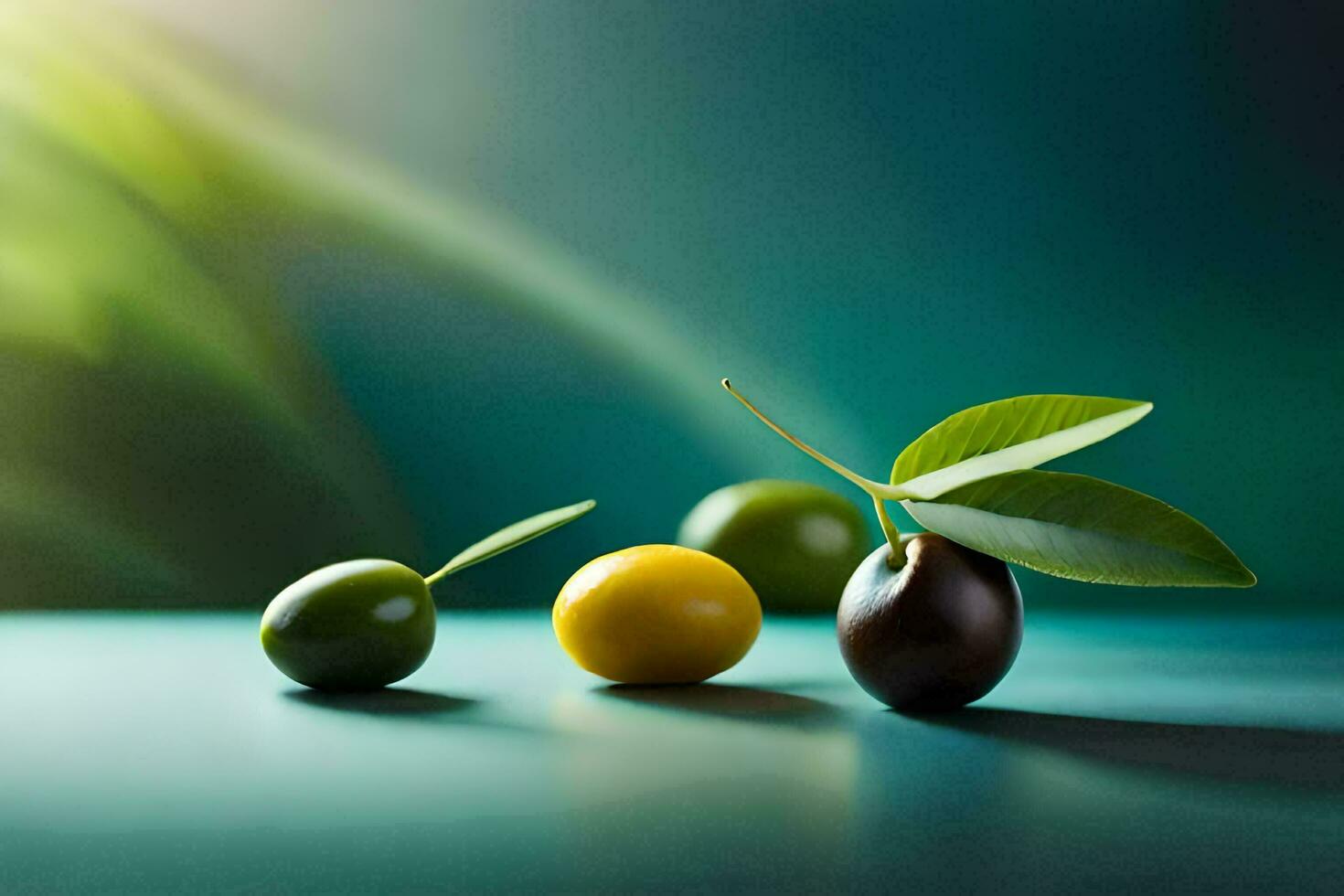 olives on a green background. AI-Generated photo