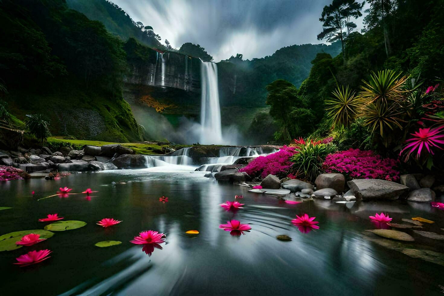 the waterfall is surrounded by pink flowers and water lilies. AI-Generated photo