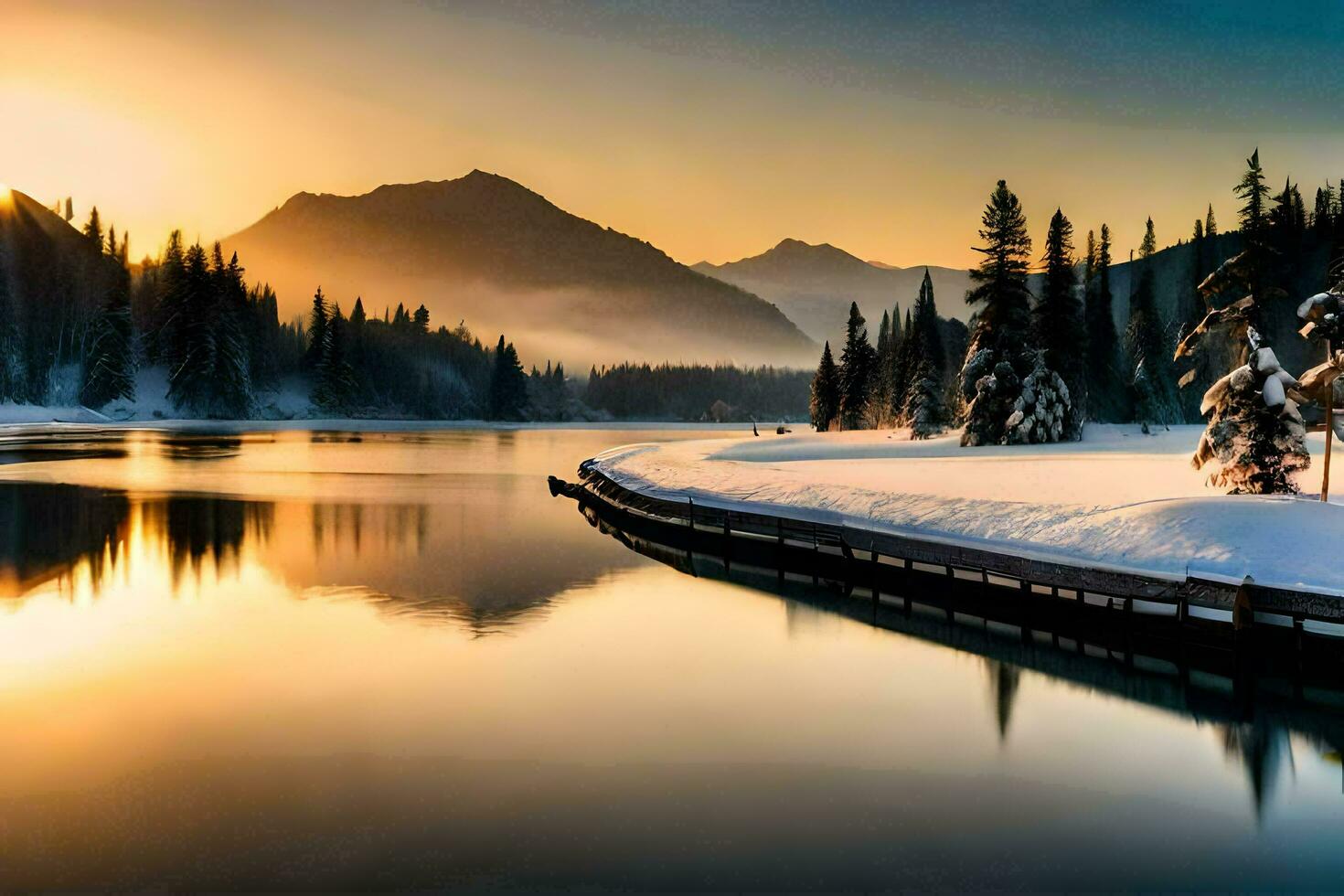 a lake in the winter with snow on the ground. AI-Generated photo