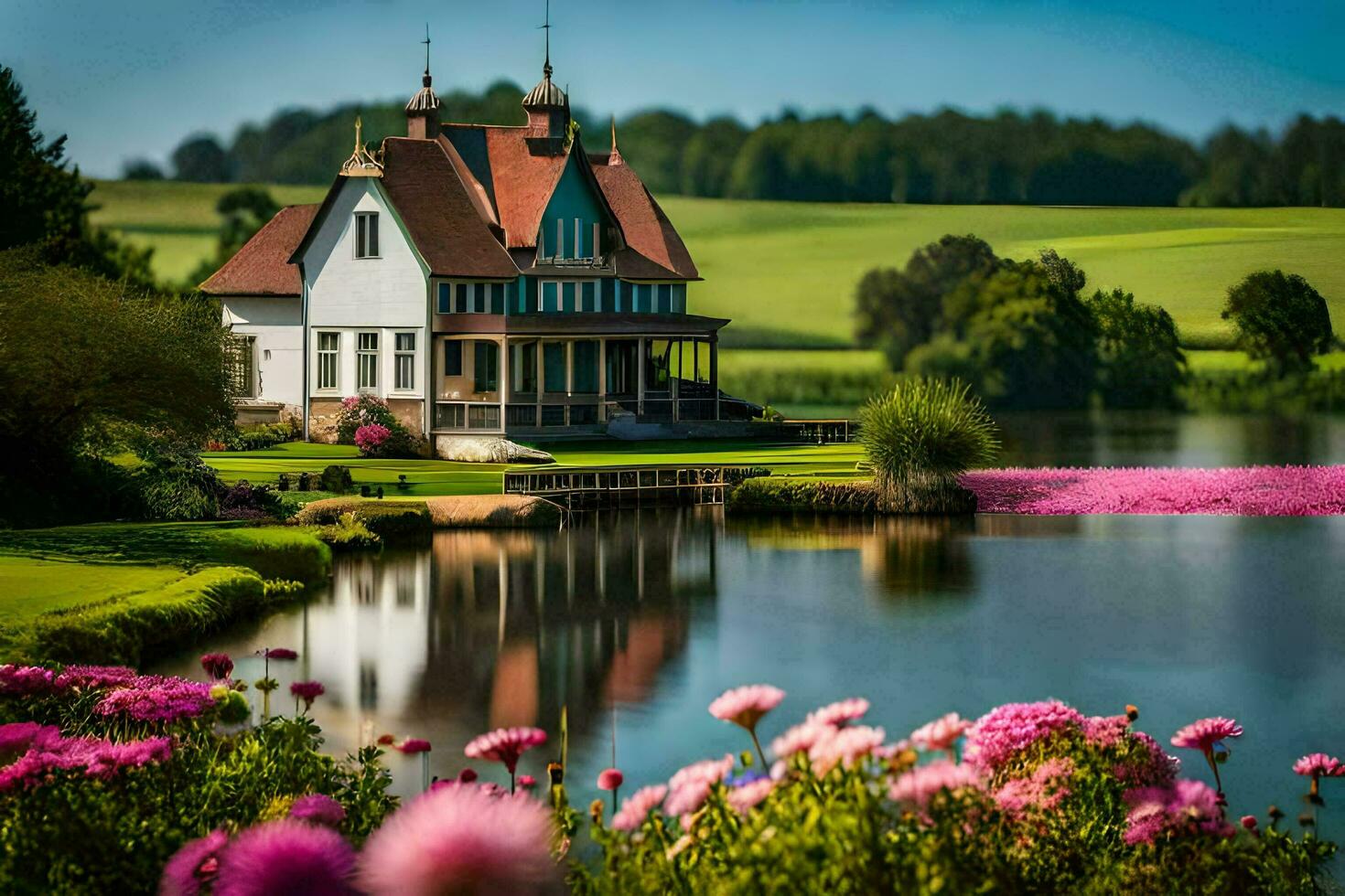 un casa por el lago. generado por ai foto