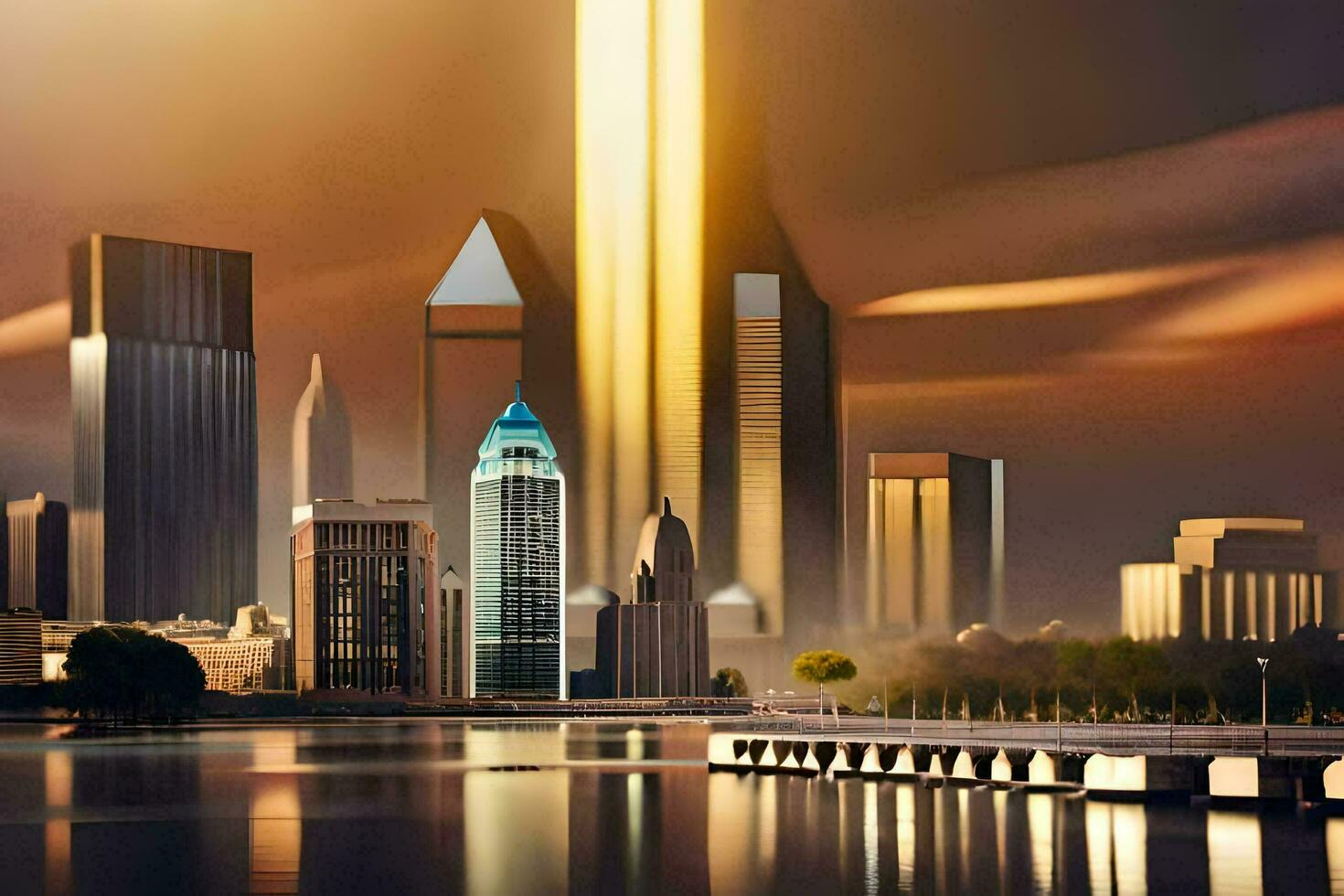 a city with skyscrapers and a river. AI-Generated photo