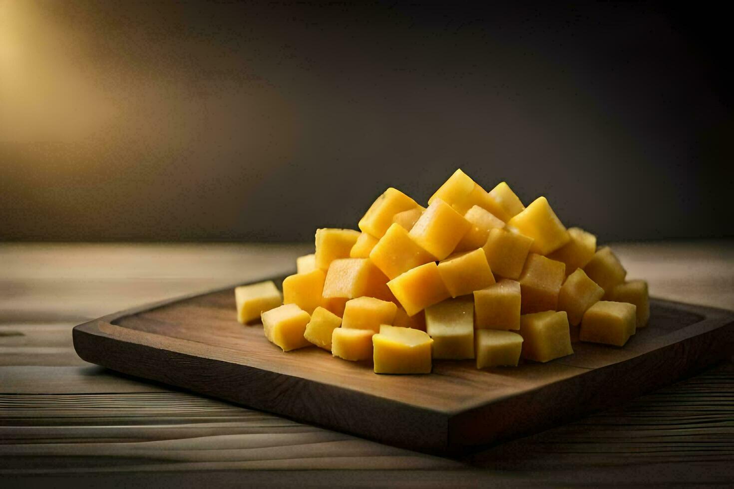 un pila de cubitos de queso en un de madera corte tablero. generado por ai foto