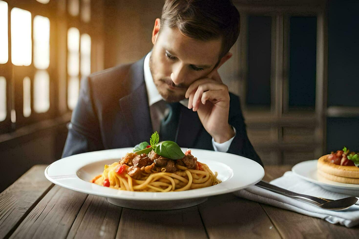 un hombre en un traje es mirando a un plato de espaguetis. generado por ai foto