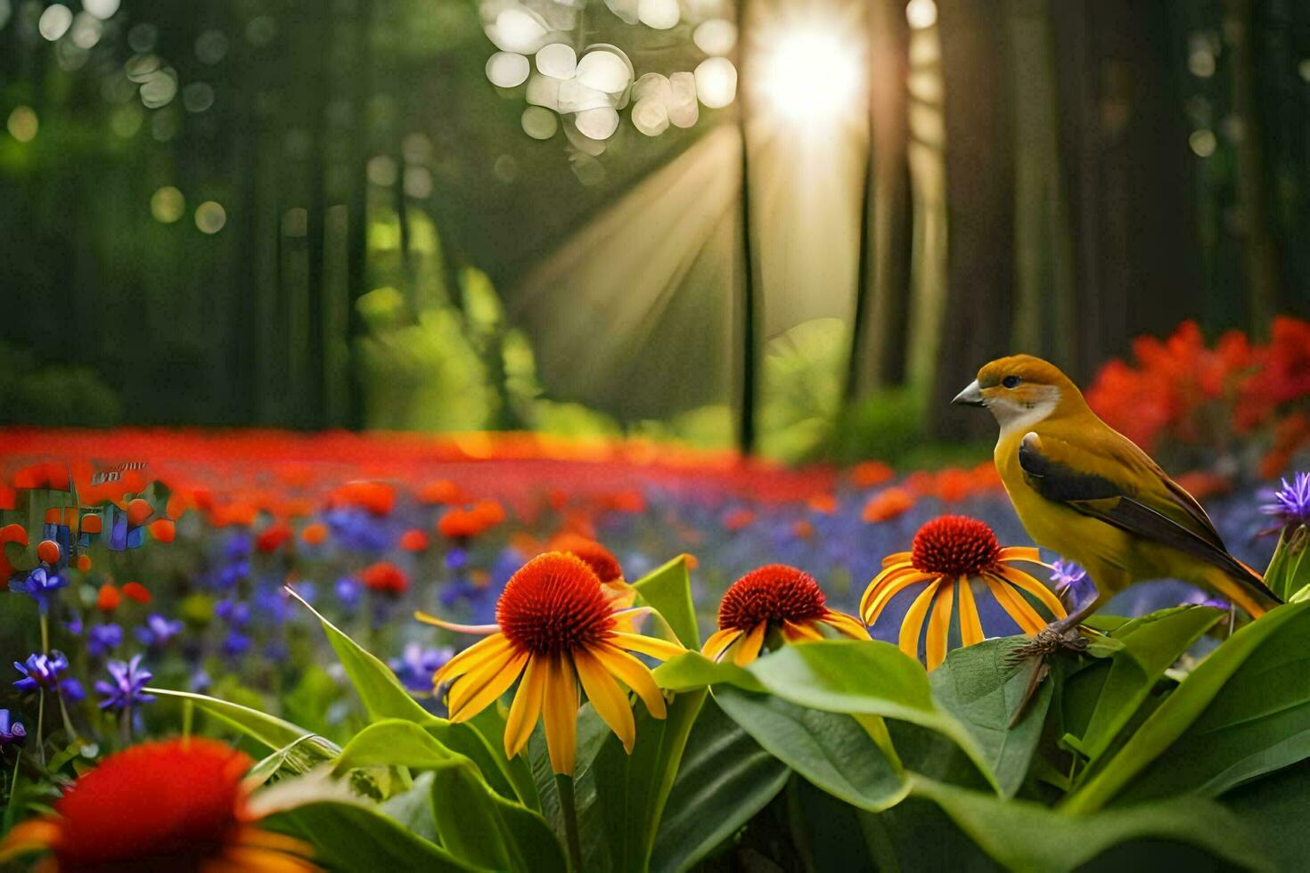 a bird is standing on a flower field with sun rays. AI-Generated photo