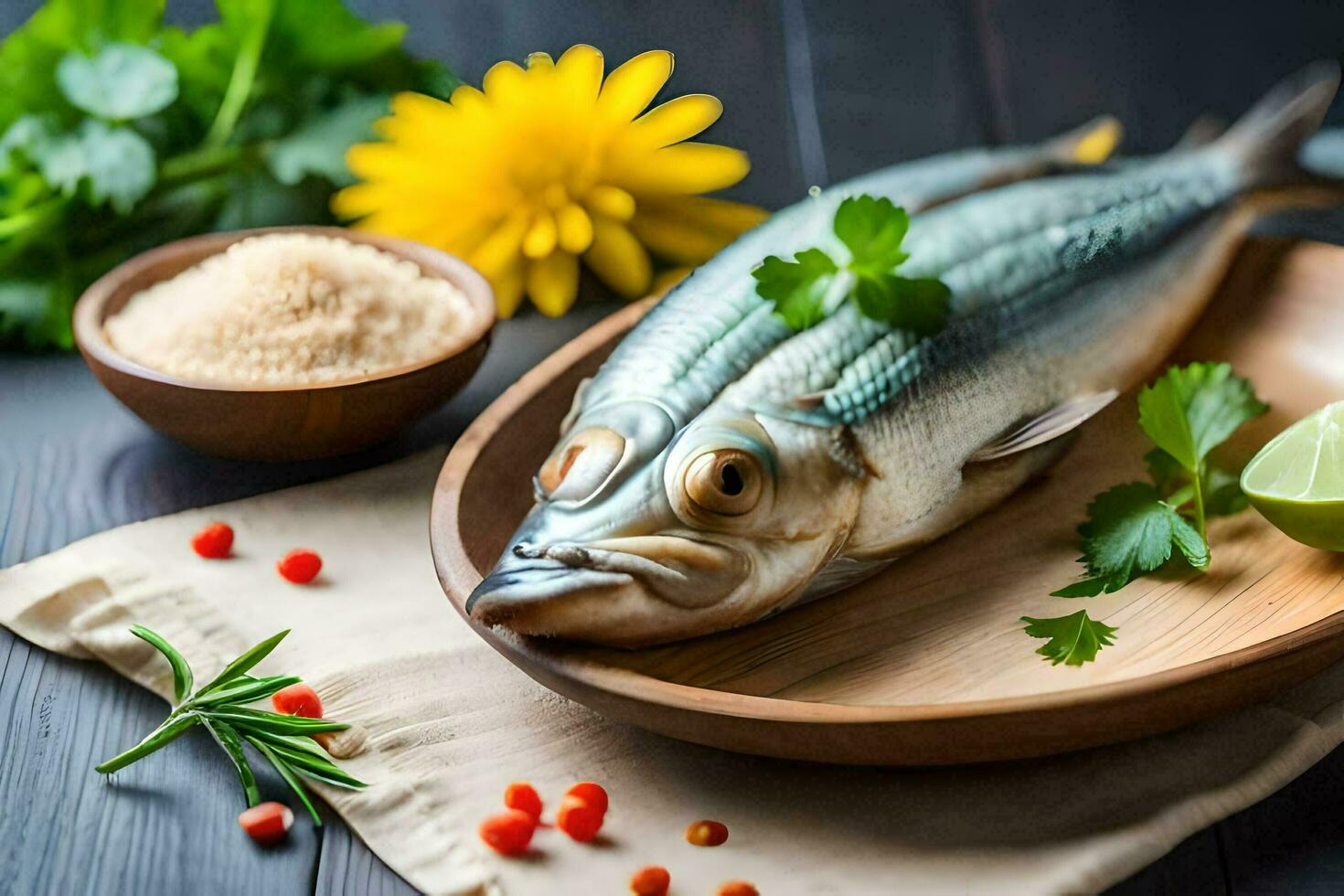 a fish on a wooden plate with herbs and spices. AI-Generated photo